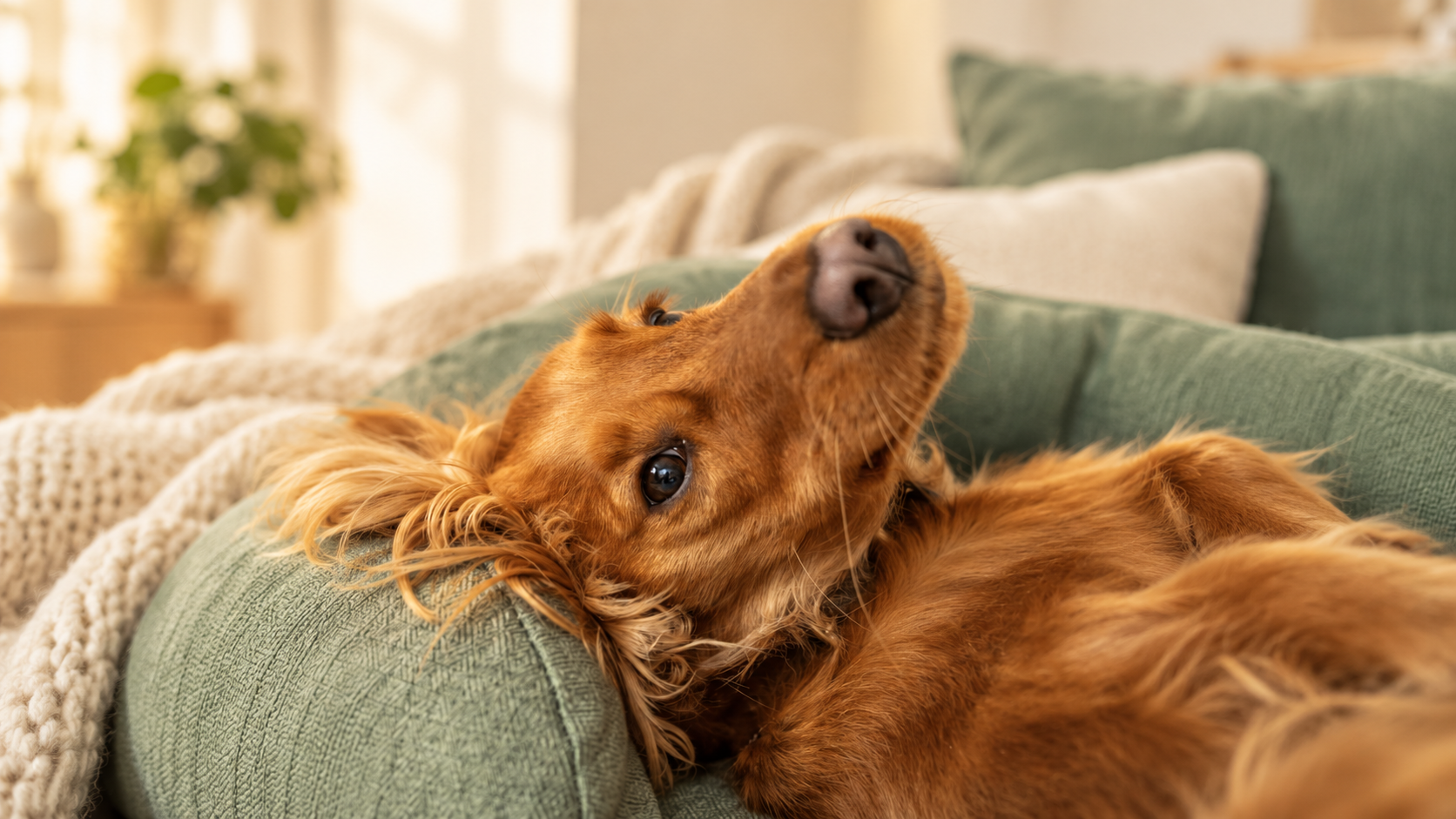 A dog resting comfortably on a green sofa in warm natural light