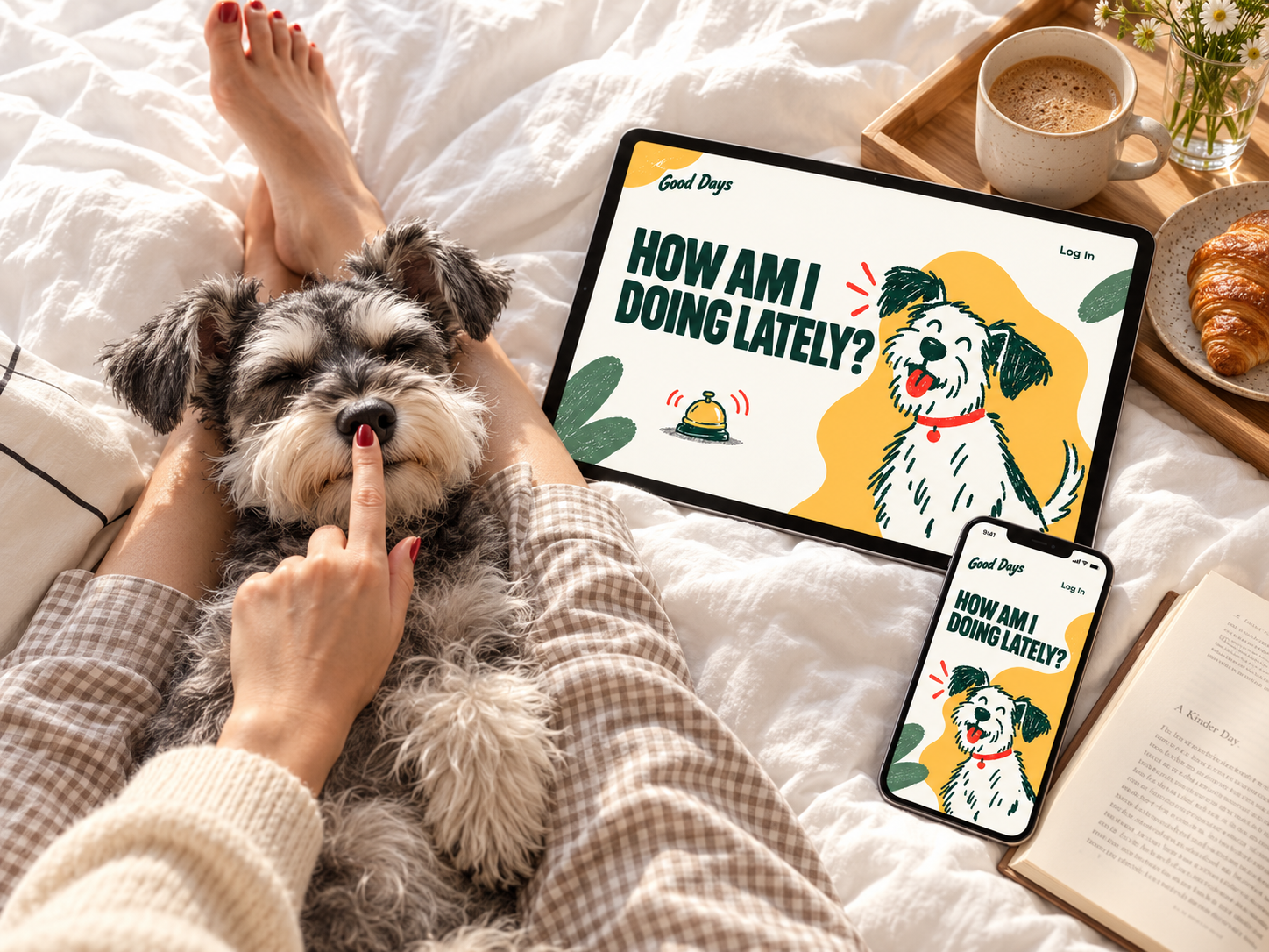 Good Days interface displayed on a tablet and phone beside a black and white Schnauzer