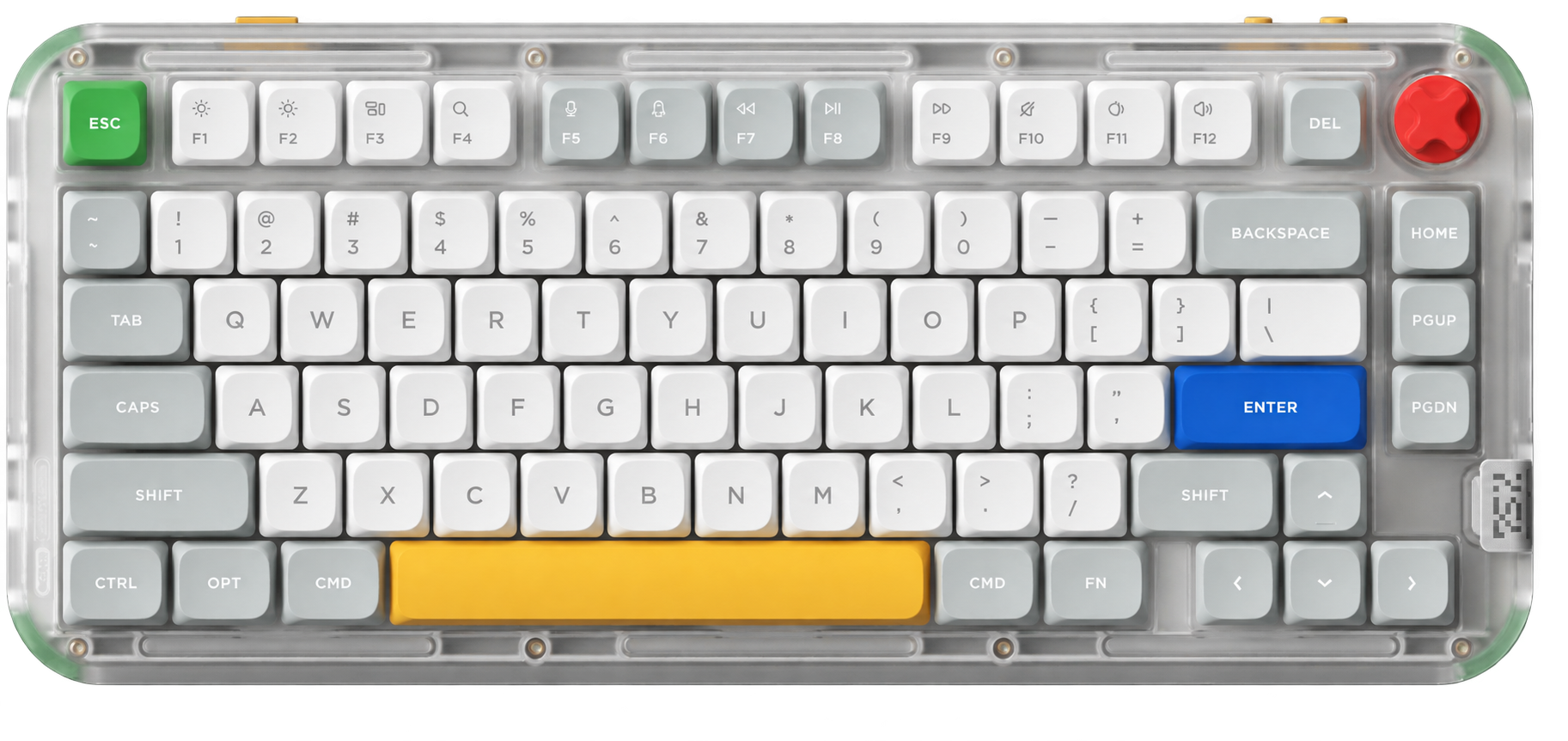 Transparent mechanical keyboard with white keys, green escape key, blue enter key, and yellow space bar