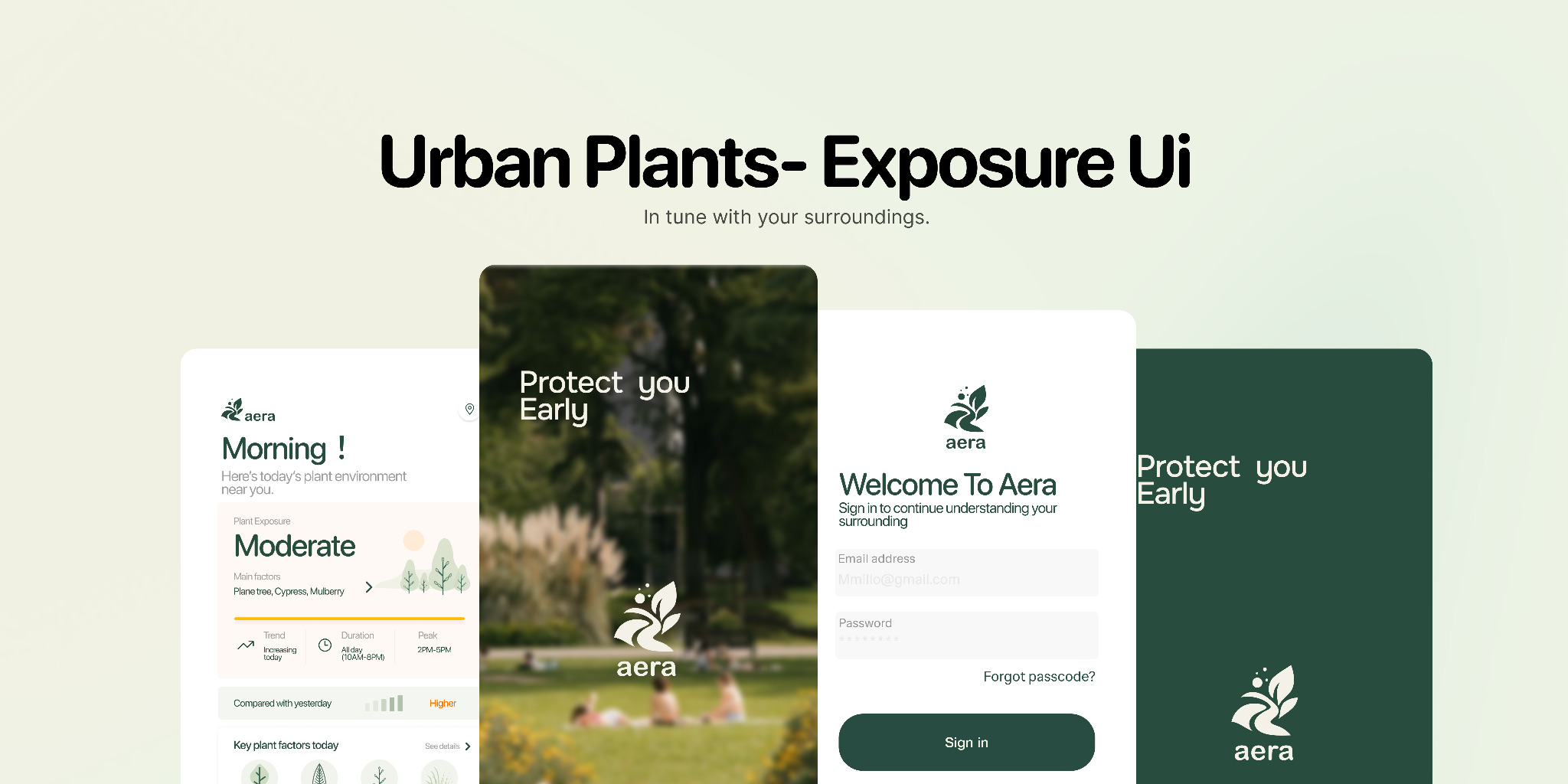 Aera product output across home, welcome, and sign-in screens