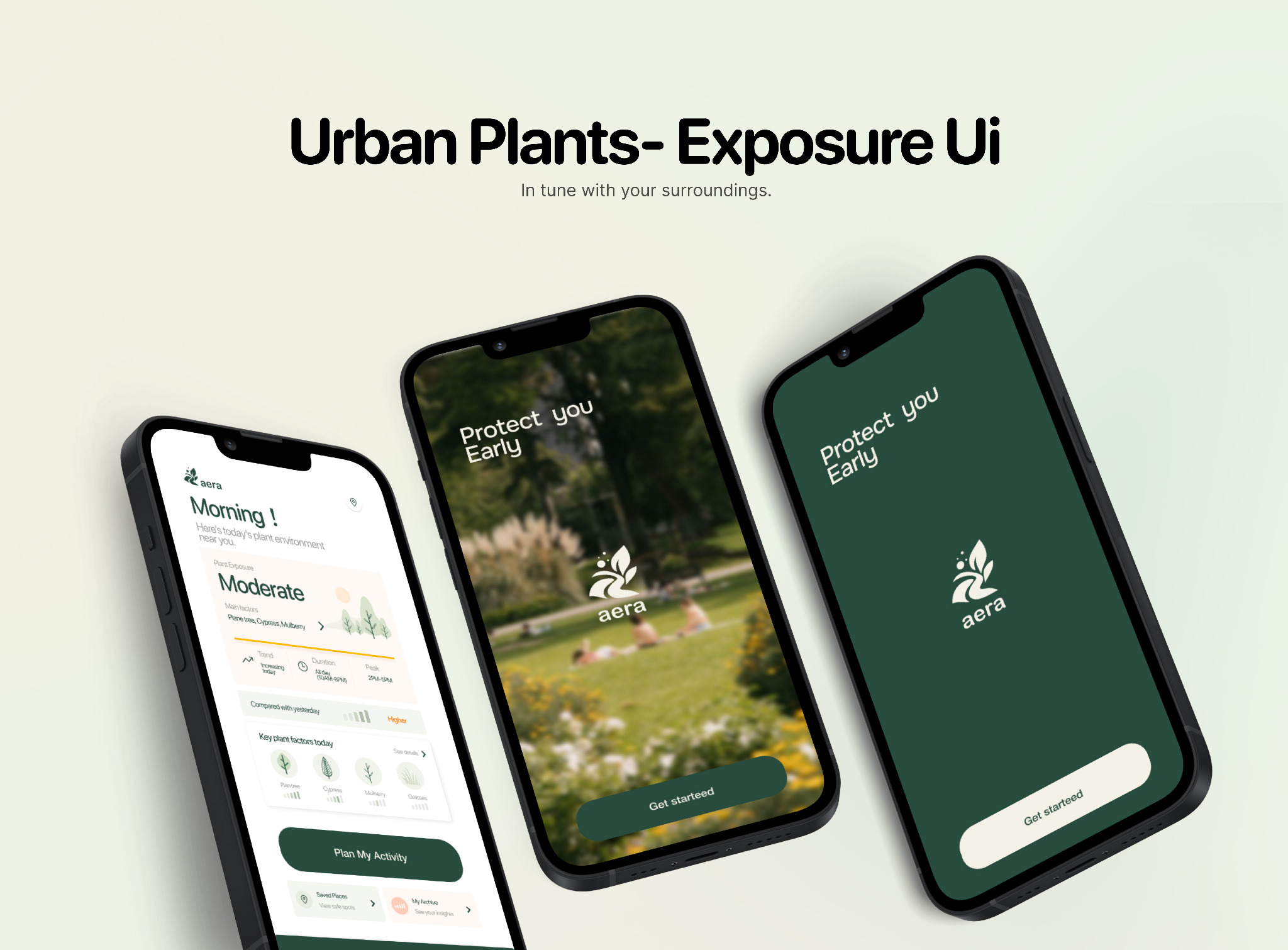 Aera Urban Plant Exposure interface designs with botanical environmental information and sign-in screens